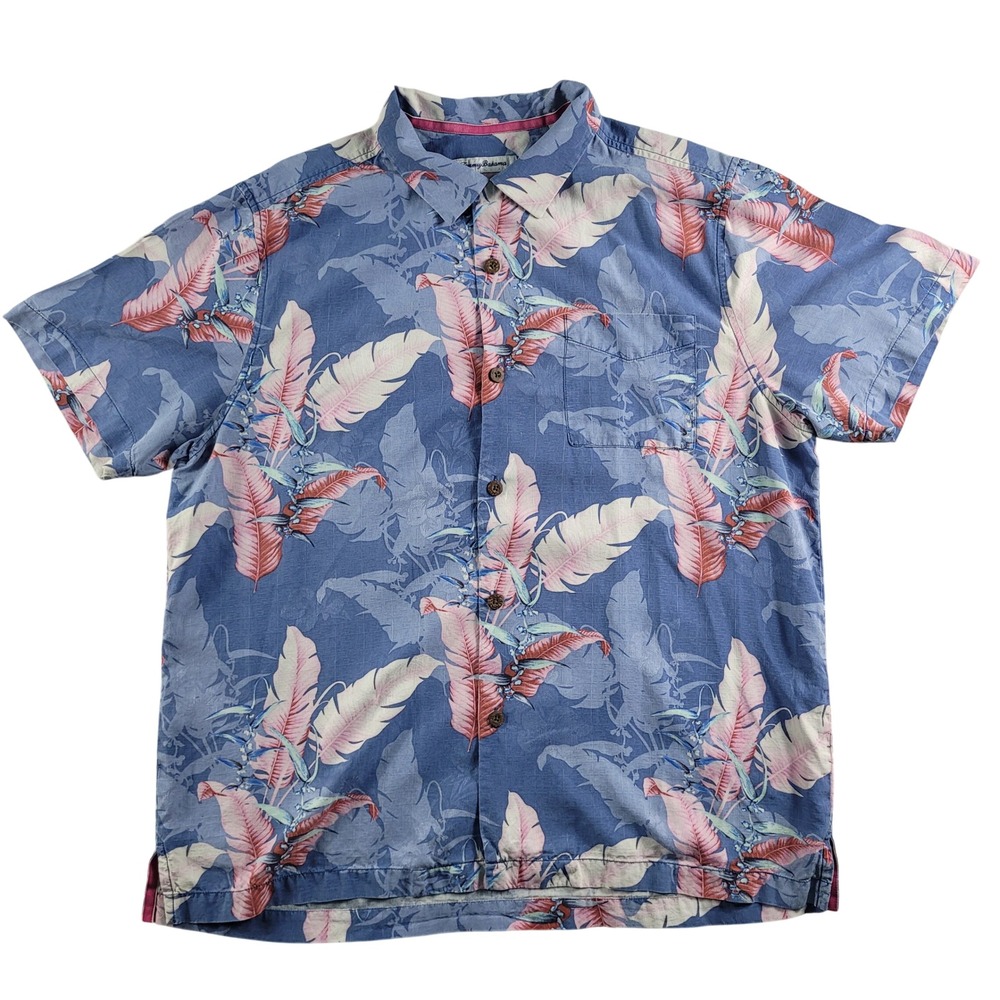 Tommy Bahama Silk Button Down Shirt Men's Large Blue Pink Tropical Leaf Hawaiian